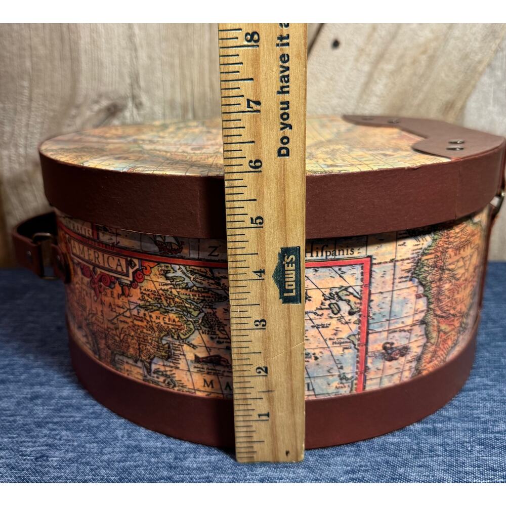 Vintage Old World Map Cardboard Nesting Hatbox Storage Metal Push Lock Accents - Picture 9 of 13